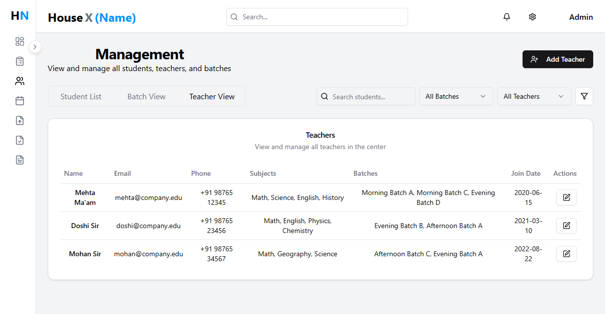 Teacher Management Dashboard